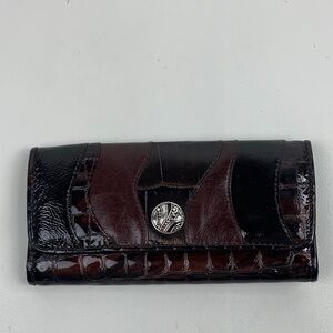 Vintage Brighton Rich Brown Croc Leather Wallet Silver Accent Flap snap ID slip